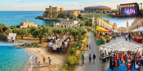 Un artista dipinge un castello sul mare, famiglie cenano all'aperto, bambini giocano in spiaggia, ciclisti passeggiano, mercati colorati e un festival di cosplay. Scopri che feste ci sono ad aprile!