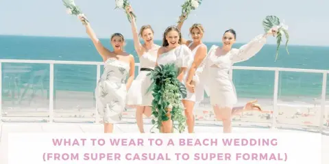 Bridesmaids in white dresses celebrate by the ocean. Thinking about what to wear to a beach wedding male? This image offers inspiration for stylish beach attire.