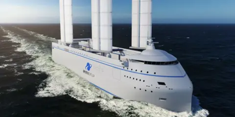 Bateau futuriste avec une canopée de voiles, naviguant sur une mer agitée.