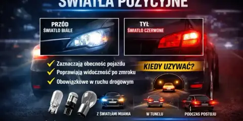 Światła pozycyjne i postojowe: białe z przodu, czerwone z tyłu. Zapewniają widoczność i bezpieczeństwo na drodze.