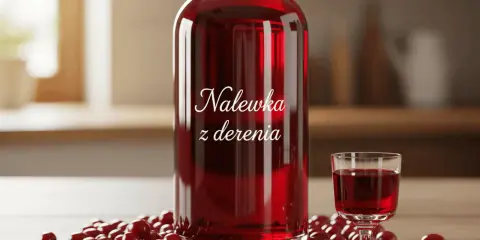 Butelka i kieliszek z czerwoną nalewką z derenia, otoczone owocami derenia.