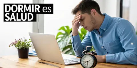 Joven con dolor de cabeza frente a su laptop, buscando trucos para dormir mejor. El reloj marca la hora.