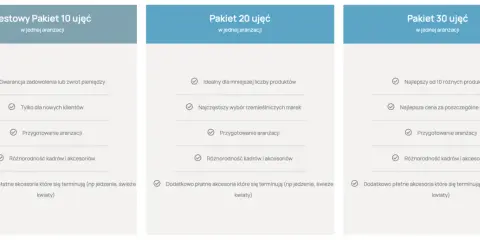 Porównanie pakietów dla firm fotograficznych: 10, 20 lub 30 ujęć w jednej aranżacji, z różnymi opcjami i cenami.