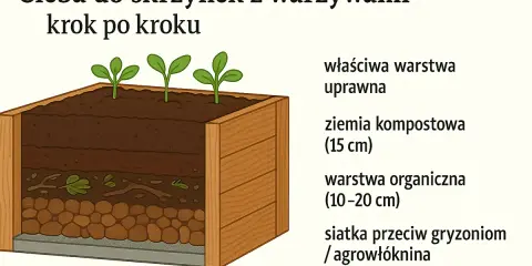 Warzywniak w skrzyniach z warstwami: ziemia kompostowa, warstwa organiczna i siatka. Idealny do uprawy warzyw.