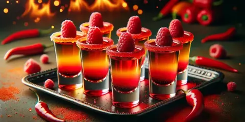 Ogniste shoty z malinami i chili. Ten drink z sokiem malinowym kusi ogniem i słodyczą.