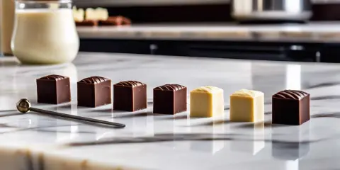 Cubes de chocolat noir et blanc alignés sur un marbre, prêts pour le temperage chocolat blanc. Une cuillère dorée repose à côté.