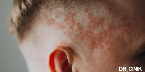 Psoriasis du cuir chevelu, souvent exacerbée par le stress, se manifeste par des plaques rouges et squameuses près de l'oreille.