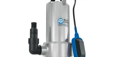 Pompa sommersa non parte: un modello in alluminio con galleggiante blu e attacco per tubo.
