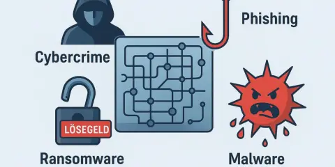 Cybercrime-Symbole: Hacker, Phishing-Haken, Malware-Virus, und ein offenes Schloss mit "LÖSEGELD" – die ransomware bedeutung.