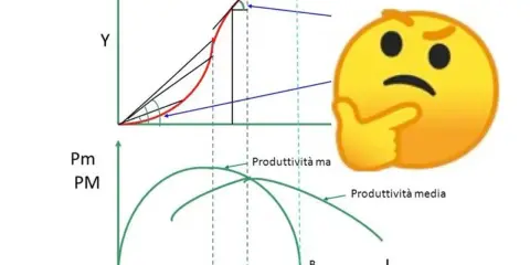 Grafici illustrano la legge dei rendimenti decrescenti, con produttività marginale e media in relazione. Un emoji pensieroso riflette sulla complessità.