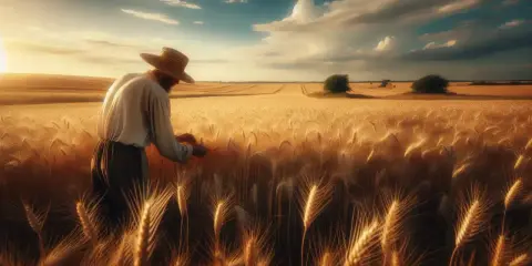 Un contadino con cappello di paglia esamina il grano maturo in un campo dorato al tramonto. La roba riassunto: il ciclo della vita e del raccolto.