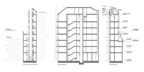 Sección de edificio con altura de 3 plantas, mostrando escaleras y forjados.