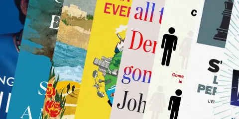 Copertine di libri di attualità con titoli e grafiche varie, tra cui figure stilizzate, scacchi e paesaggi.