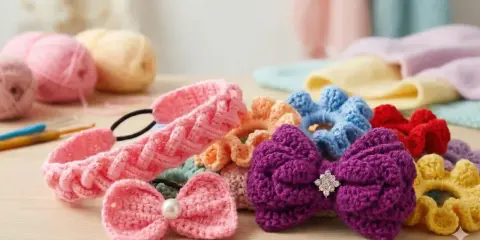 Coletero crochet de varios colores, con lazos y flores, junto a ovillos de lana y ganchillos.