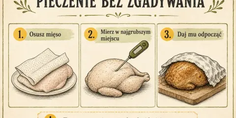 Instrukcja pieczenia kurczaka: osusz mięso, zmierz temperaturę w najgrubszym miejscu, daj mu odpocząć. Termometr nie może dotykać kości.