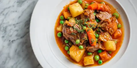Un savoureux navarin d'agneau recette, garni de pois, carottes et pommes de terre, dans une assiette blanche sur fond marbre.