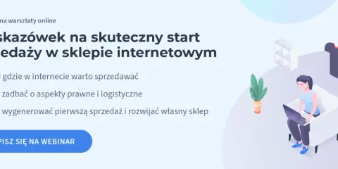 Grafika ilustruje start w sprzedaży e-commerce: kobieta pracuje na laptopie, obok kubek kawy i wieszak z ubraniem. Temat: 7 wskazówek na skuteczny start sprzedaży w sklepie internetowym.