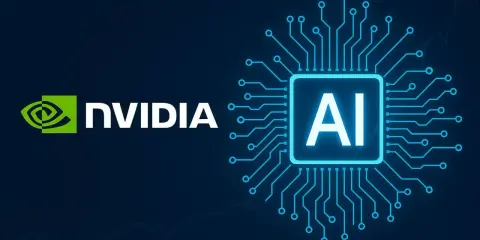 Logo NVIDIA i symbol AI na tle wykresu giełdowego. Nvidia akcje rosną dzięki sztucznej inteligencji.