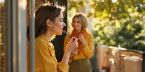 Quelle lumière pour se maquiller ! Une jeune femme applique du rouge à lèvres sur son balcon, baignée d'une douce lumière dorée.