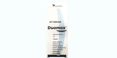 Opakowanie leku Duomox 1g, zawierające 20 tabletek. Stosowany na infekcje bakteryjne.