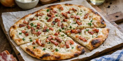 Flamenküche maison, une recette facile avec oignons, lardons et crème fraîche. Parfait pour un apéritif gourmand.