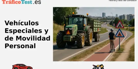 Un tractor, un vehículo especial, circula por carretera junto a un patinete eléctrico y señales de tráfico.