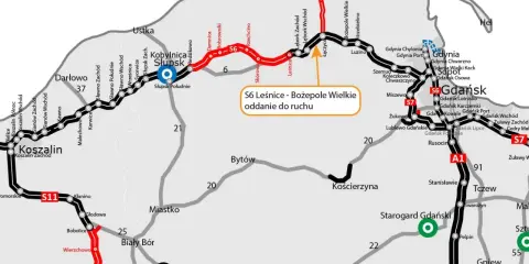 Mapa drogowa Pomorza z zaznaczoną drogą krajową 22, S6, S7 i A1. Widoczne miasta: Koszalin, Słupsk, Gdańsk, Gdynia, Tczew.