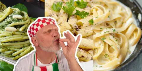 Un chef savoure trois plats de pâtes : pesto, rigatoni crémeux et fettuccine Alfredo. La forme de pâte parfaite pour chaque envie.