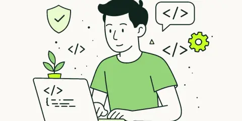 Młody programista pracuje przy laptopie, otoczony symbolami kodu i rozwoju. Angielski w IT to klucz do jego sukcesu.