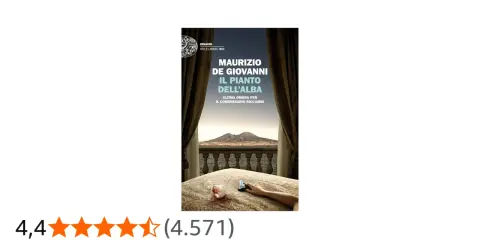 Copertina del libro "Il pianto dell'alba" di Maurizio de Giovanni, con una mano che tiene una pistola su un letto, sullo sfondo il Vesuvio.