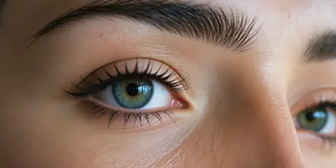 Un œil bleu-vert avec des cils longs et des sourcils parfaits, un exemple de comment s'épiler les sourcils pour un regard intense.