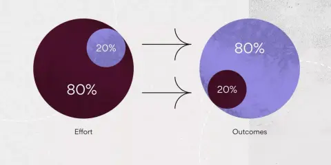 Illustrazione della distribuzione di Pareto: il 20% dello sforzo genera l'80% dei risultati, mentre il restante 80% dello sforzo produce solo il 20% dei risultati.
