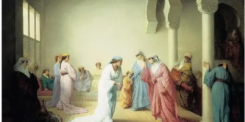 A scene of women in flowing robes in an ornate interior, a classic example of orientalism art, with arched columns and patterned floors.