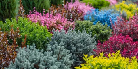 Un parterre coloré de divers arbustes persistants en plein soleil, allant du vert vif au bleu, rose, jaune et rouge.