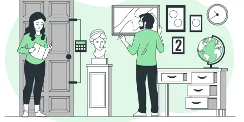 Una pareja resuelve acertijos en una habitación temática, buscando pistas para un escape room familiar.