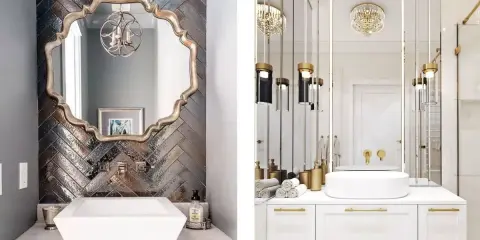 Elegancka łazienka w stylu glamour z ozdobnym lustrem i nowoczesną umywalką po lewej, oraz białą szafką z złotymi uchwytami i wiszącymi lampami po prawej.