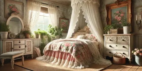 Chambre shabby chic contemporain avec un lit à baldaquin, des dentelles, des fleurs et beaucoup de lumière.