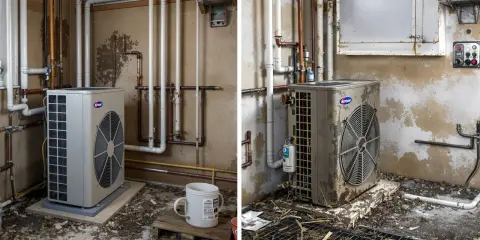 Deux unités extérieures de pompe à chaleur air-air, une blanche et une beige, sont installées dans une pièce sale. Avis négatif sur l'installation.