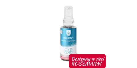 Butelka sprayu do dezynfekcji rąk MEDISEPT z napisem "Dostępny w sieci ROSSMANN!".
