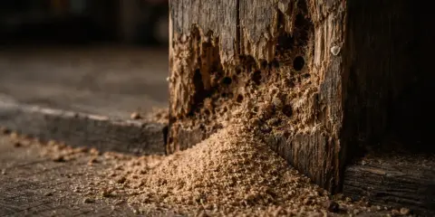 Un petit tas de sciure de bois s'accumule au pied d'un poteau en bois rongé, témoignant d'une présence passée.