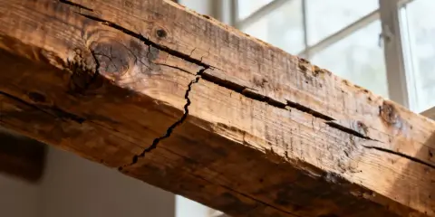 Gros plan sur une poutre en bois fissurée, témoin silencieux d'une maison qui craque toujours au même endroit. La lumière du jour révèle ses imperfections.