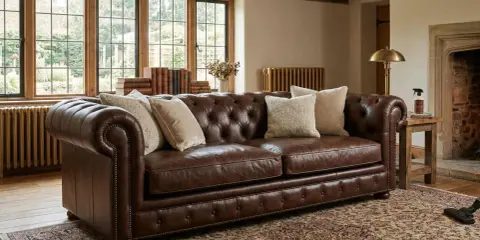 Brun Chesterfield-soffa i anilin skinn med knappad rygg och armstöd. Prydnadskuddar och en antik matta ger en varm känsla.