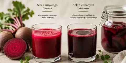 Sok z buraka na co? Dwa szklanki z sokiem: jeden z surowego buraka, drugi z kiszonych buraków. Obok buraki i słoik z kiszonkami.