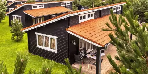 Czarny bungalow z pomarańczowym dachem, otoczony zielenią. To idealne miejsce na wakacje, gdzie można odpocząć od zgiełku.