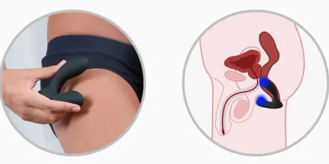 Dłoń trzyma czarny masażer, a obok schemat anatomiczny pokazujący stymulację prostaty.