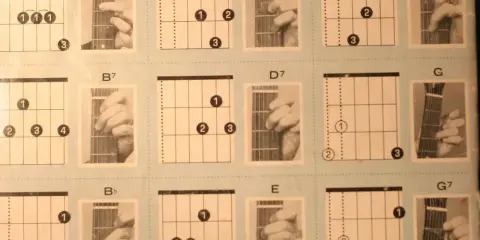 Diagramy akordów na gitarze: A7, B7, Bb, D, D7, E, F, G, G7. Poznaj, ile jest akordów na gitarze, ucząc się tych podstawowych chwytów.