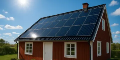 Rött hus med solpaneler på taket, som har en 45 graders lutning. Solen skiner från en klarblå himmel.