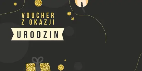 Elegancki tekst na voucher urodzinowy z błyszczącymi złotymi elementami, prezentem i płomieniem świecy.