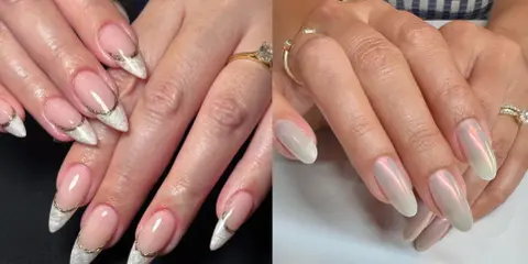 Dwa zestawy paznokci: jeden z francuskim manicure i złotymi zdobieniami, drugi z opalizującym, perłowym kolorem.