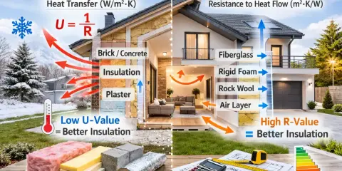 Ilustración comparativa de U-Value y R-Value en aislamiento de casas. Muestra cómo la lana de vidrio y otros materiales evitan la transferencia de calor, destacando la importancia de un buen aislamiento para el confort y la eficiencia energética, como ...